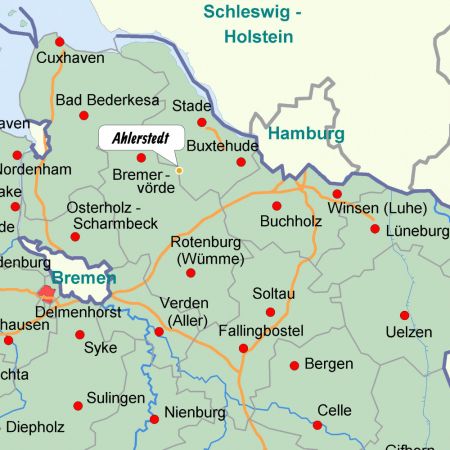 Karte von Ahlerstedt und Umgebung (Ausschnitt aus: Übersichtskarte Niedersachsen, der Hinweis auf Ahlerstedt wurde hinzugefügt). Quelle: www.niedersachsen.de